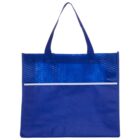 A blue tote bag with long handles and a textured upper section. A white horizontal stripe separates the textured part from the smooth lower area, creating a simple and modern design.