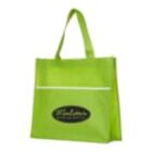 A bright green reusable shopping bag with two handles and a printed logo on the front.