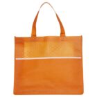 An orange tote bag with two handles. The upper section has a wavy, textured design, and there is a white horizontal stripe running across the middle. The bag appears to be made of a fabric material.