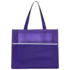 Purple tote bag with a geometric patterned top and smooth bottom section. It features two handles and a horizontal white stripe dividing the two sections.