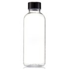 A clear plastic bottle with a black screw-on cap, standing upright on a white background. The bottle is empty and cylindrical in shape.