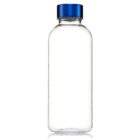 A clear, empty plastic bottle with a blue screw-on cap. The bottle is cylindrical and transparent, allowing the background to be slightly visible through it.