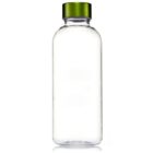A clear plastic bottle with a green metallic screw-on cap is centered against a plain white background. The bottle is empty and cylindrical, displaying a smooth surface and minimal design.