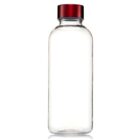 A clear, empty plastic bottle with a shiny red cap shown against a white background.