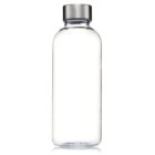 A clear glass bottle with a cylindrical shape and a silver metal screw cap. The bottle is empty and placed against a plain white background.