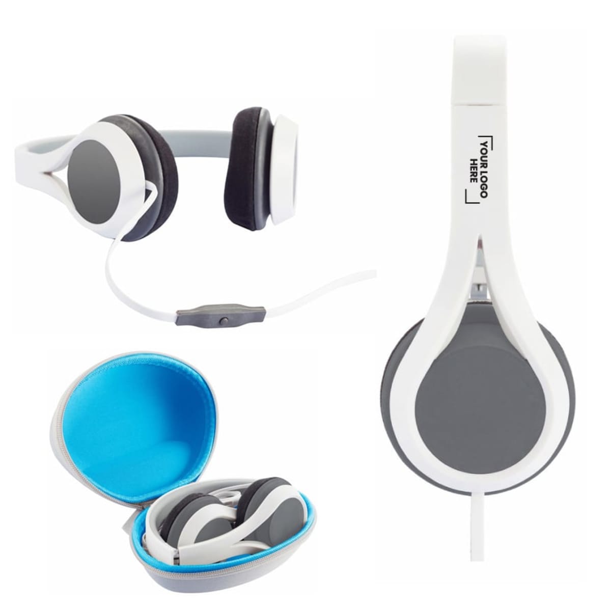 Foldable white and gray headphones with black ear pads, shown in two angles. They come with a turquoise interior zippered carrying case. The headband has text printed on it.