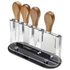 A set of four cheese knives with wooden handles, displayed vertically in a transparent acrylic holder with a black base. The holder is branded with Johnson Tiles text and logo at the bottom.