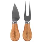 A cheese knife and fork set with stainless steel blades and wooden handles. The knife has a wide, triangular blade, and the fork has two long prongs. Both handles have text engraved on them.