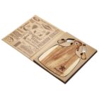 A wooden cheese board set with a logo includes a board, two cheese knives, and an open cardboard box. The box features printed text about cheese and culinary themes, such as Original Recipe and Aged Cheddar.