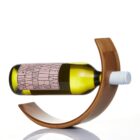 A wine bottle with a white cap is balanced horizontally on a curved wooden stand against a white background. The label features stylized text in a grid pattern.