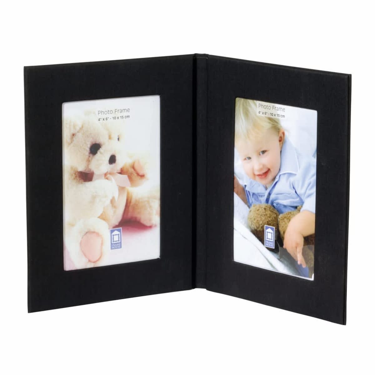 A black double photo frame displaying two pictures. On the left, a plush teddy bear, and on the right, a smiling child holding a teddy bear. Both frames have a white background and are connected at the center.
