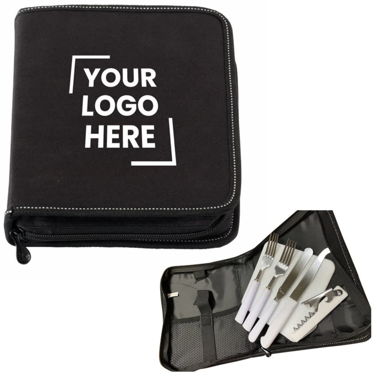 Black zippered case with Your Logo Here text, next to an open view showing a set of white-handled cutlery including a knife, fork, spoon, and a corkscrew inside transparent slots.