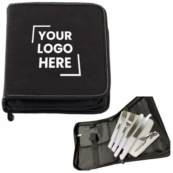 A black zippered case with Your Logo Here in white text on the front. The open case displays a set of utensils, including a knife, fork, spoon, and a bottle opener, neatly arranged inside.
