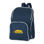 A navy blue backpack with white piping and two zippered compartments. The front pocket features a yellow graphic of a running animal and the word PREDATOR in bold yellow letters.