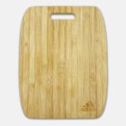 A rectangular bamboo cutting board with rounded corners and an oblong handle at the top center. The bottom right corner features an engraved Adidas logo.