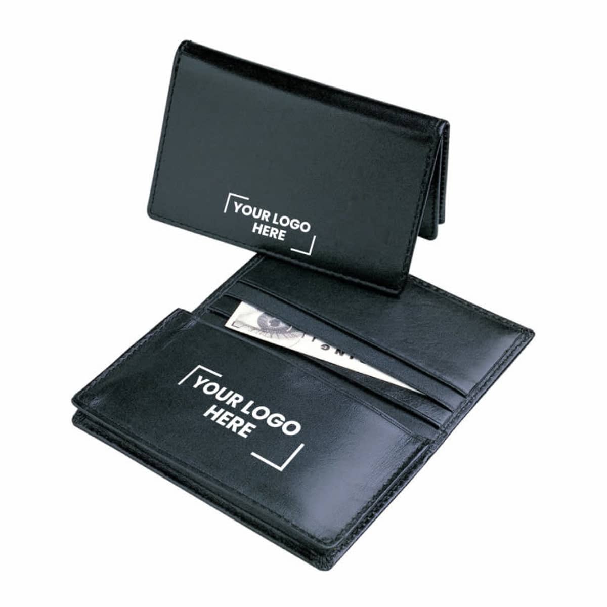 Black leather wallet with Your Logo Here text on the exterior and interior. The wallet is open, revealing a bill inside and multiple card slots.