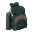 A black and brown backpack with multiple compartments and zippers. The front pocket has the SourceForge logo in white and orange. Theres a side pocket and padded shoulder straps.