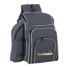 A dark gray backpack with white piping, featuring the Green Creatives logo on the front pocket. The backpack has multiple zippered compartments and padded shoulder straps.