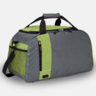 A gray and green duffel bag with black handles and a shoulder strap. The bag features a zippered front pocket and a side mesh pocket, set against a plain white background.