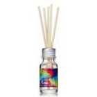 A small glass bottle with a silver cap, containing a clear liquid and several thin wooden sticks protruding from the top. The bottle has a colorful, geometric-patterned label with the text Home Art.