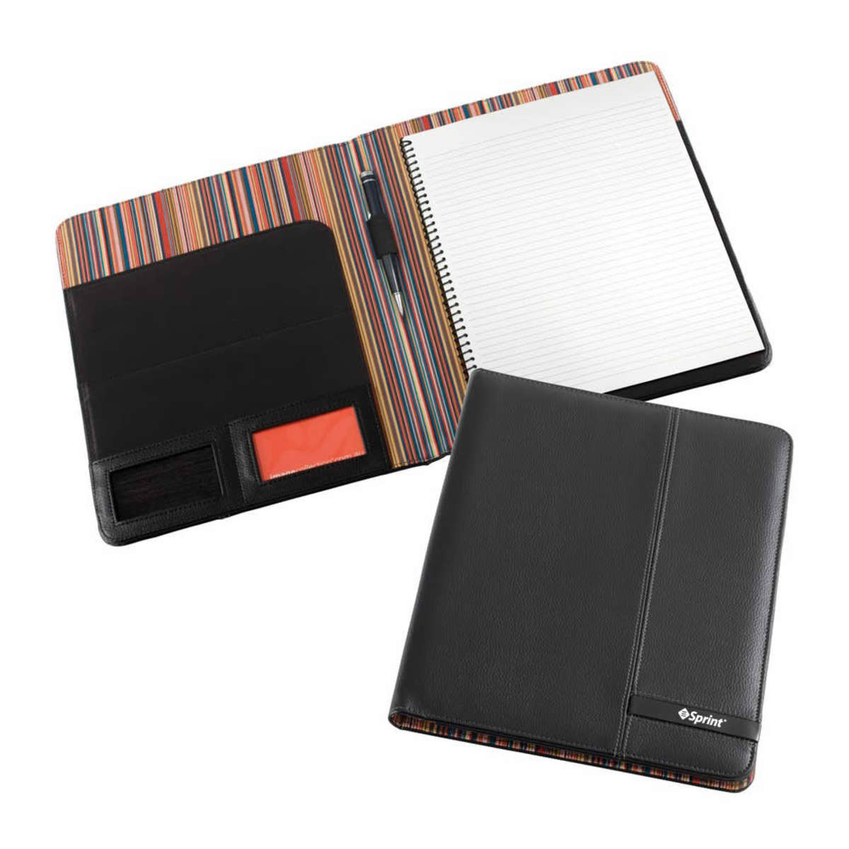 A leather-bound notebook folder lies open, revealing a spiral-bound notepad on one side and compartments for cards and pens on the other. The interior features a colorful striped pattern. Another folder is closed beside it.