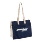 A navy blue and beige tote bag with beige handles featuring the text BIAGIO TURBOS in white on the front. The bag is positioned against a white background.