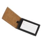 Open leather luggage tag with a black exterior and brown interior. The tag has a transparent window displaying a white card for contact details, with fields for name, address, and phone number. White stitching lines the edges.