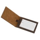 Open brown leather notepad with a white information card inside, displaying printed fields for Name, Address, and Phone. The notepad is laid flat on a white surface.