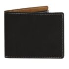 A closed black leather wallet with white stitching along the edges, displaying a simple and classic design. The interior lining is a light brown color, visible at the fold.