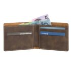 Open brown leather wallet with two credit cards, one from Amazon Prime and one from Chase, inserted in card slots. Australian banknotes partially visible from the cash compartment.