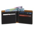 Open black leather wallet with tan edges, showing various banknotes partially visible in the cash compartment. Two credit cards are in the left card slots and a card labeled Business Platinum on the right. White stitching detail is visible.
