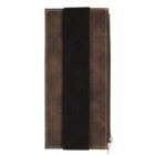 A rectangular leather pouch with a visible zipper on the right side. The pouch is brown with a wide black elastic band running vertically down the center. Stitching is visible along the edges.