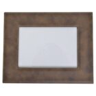 Brown leather photo frame with white stitching and a rectangular opening for a picture, set against a white background.