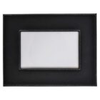 Rectangular black leather photo frame with white stitching around the edges and a central empty space for a photo. The background is plain white.