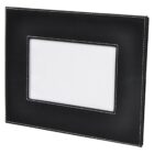 A rectangular photo frame with a black leather-like finish and white stitching along the edges. The frame holds a blank, white center, designed for displaying a horizontal photograph.