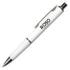 A white retractable ballpoint pen with a textured grip and silver accents. It has a metal clip and the word ROSO printed near the top in black.