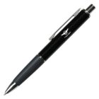 A black and silver retractable ballpoint pen with a textured grip and metal clip is shown against a white background. The pen has a logo and the word RETRAK printed on its body.