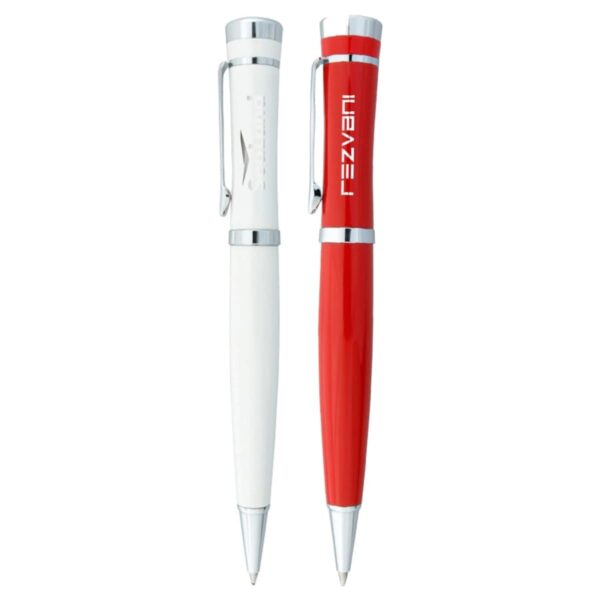 Two ballpoint pens standing upright. The pen on the left is white with silver accents and a clip. The pen on the right is red with silver accents and a clip, displaying the text REZVANI in white.