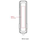 Diagram of a Mirror Laser, showing a long rectangular device with a highlighted Zone 1 measuring 55 x 9 mm. The zone is centrally located within the devices outline.
