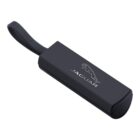 A black, rectangular leather key case featuring the Jaguar logo and name in silver. It has a loop on one end for attaching keys.