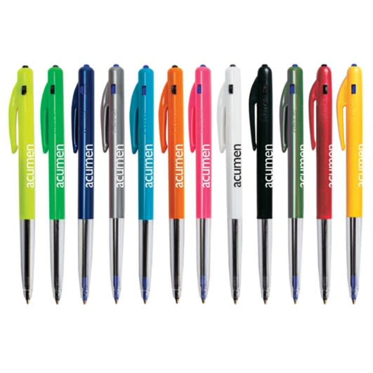A row of twelve ballpoint pens in various colors.