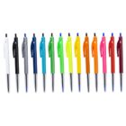 A row of 15 colorful pens with push buttons, in various bright shades.