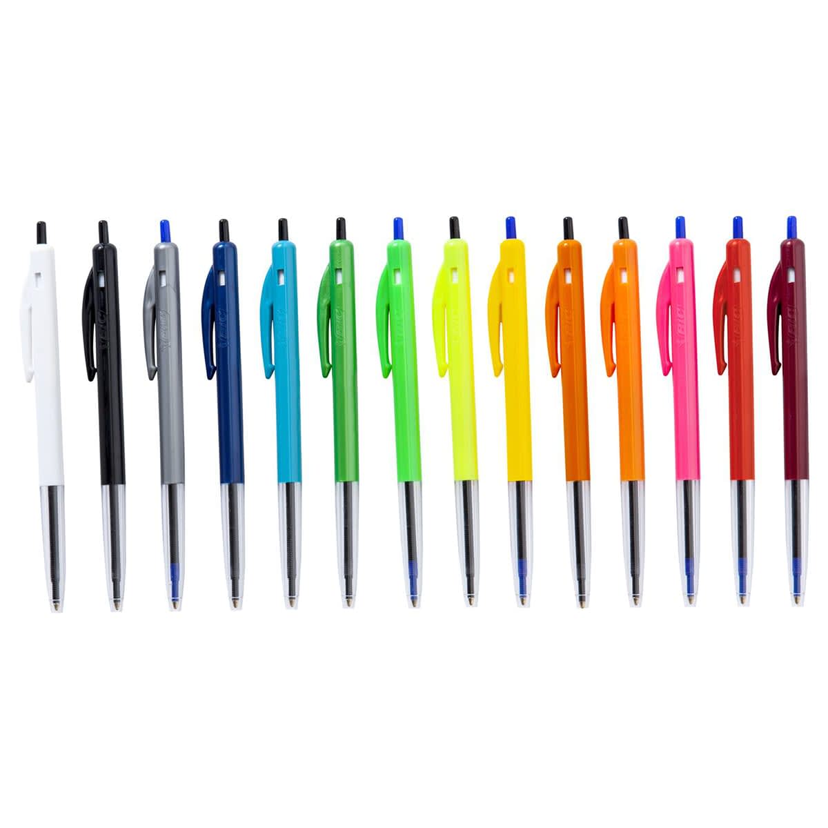 A row of 15 colorful pens with push buttons, in various bright shades.