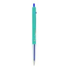 A turquoise ballpoint pen with a blue clip and silver tip.