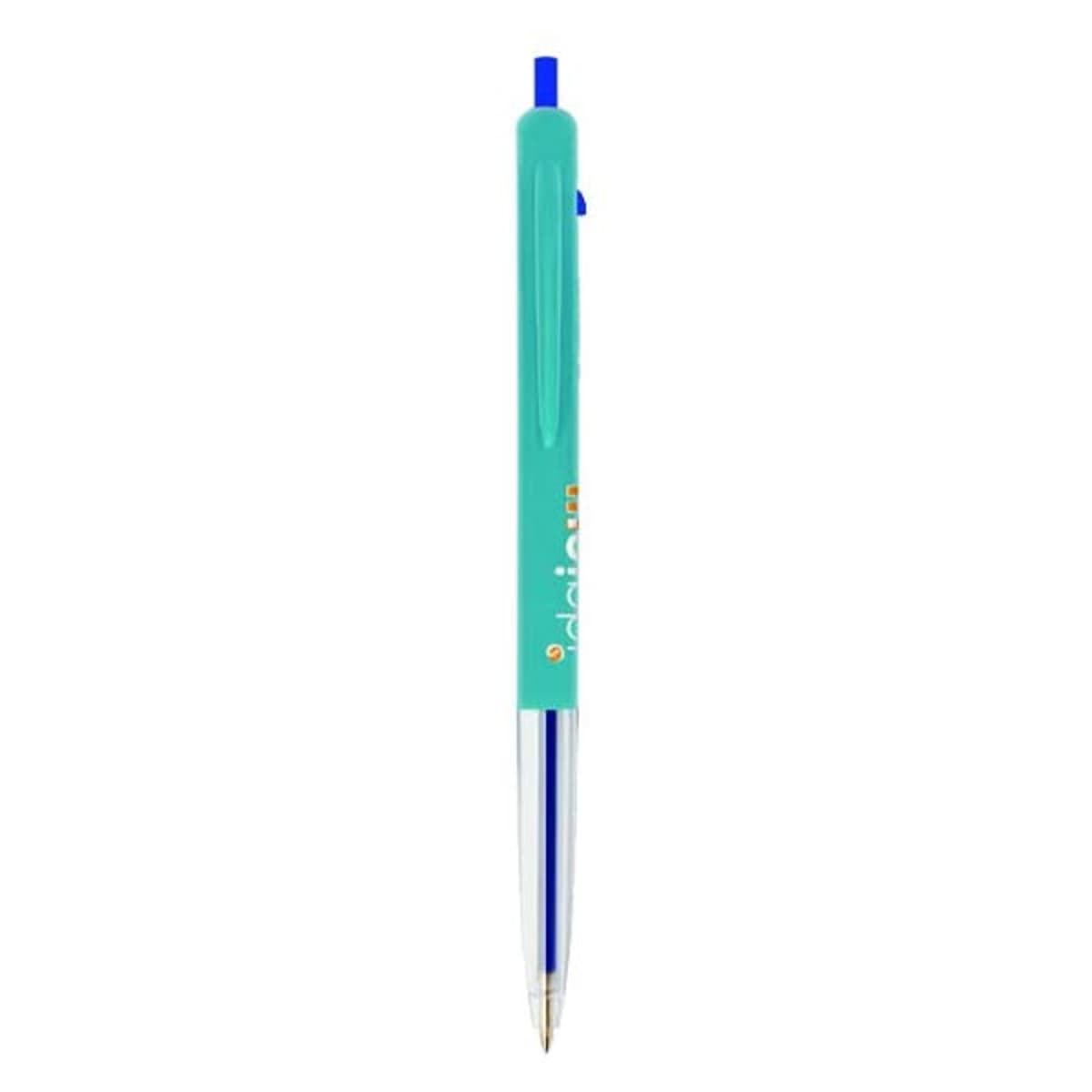 A turquoise ballpoint pen with a blue clip and silver tip.