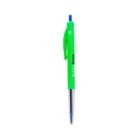 A green and clear retractable ballpoint pen with a blue tip on a white background.