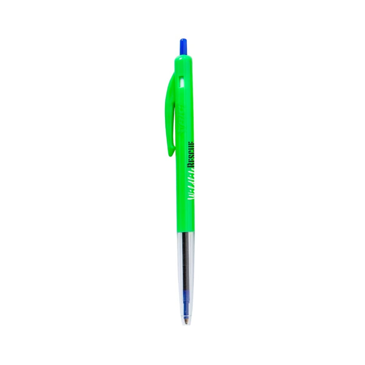 A green and clear retractable ballpoint pen with a blue tip on a white background.
