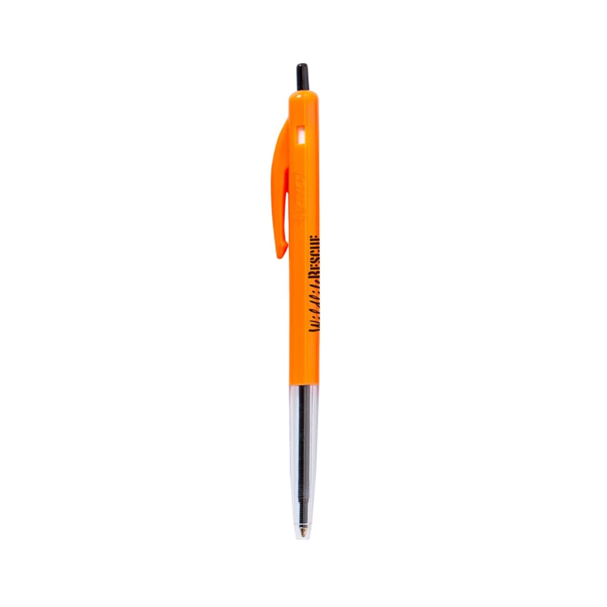 Orange retractable ballpoint pen with a clear barrel.