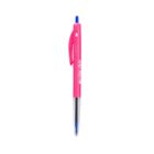Pink and blue retractable ballpoint pen with a clear barrel.