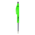 A green and silver ballpoint pen with a click mechanism and a clip.